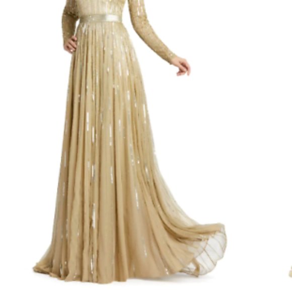 MAC DUGGAL LONG SLEEVE SEQUIN & BEAD STRIPE TAUPE GOWN sz 6 - Picture 4 of 6